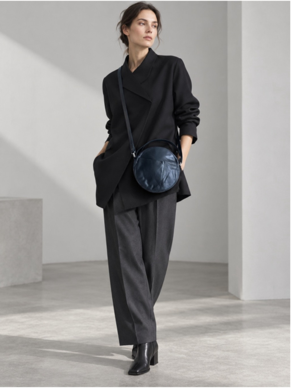 Christopher Kon Black Avant-Garde Round Leather Crossbody Bag Adjustable Strap